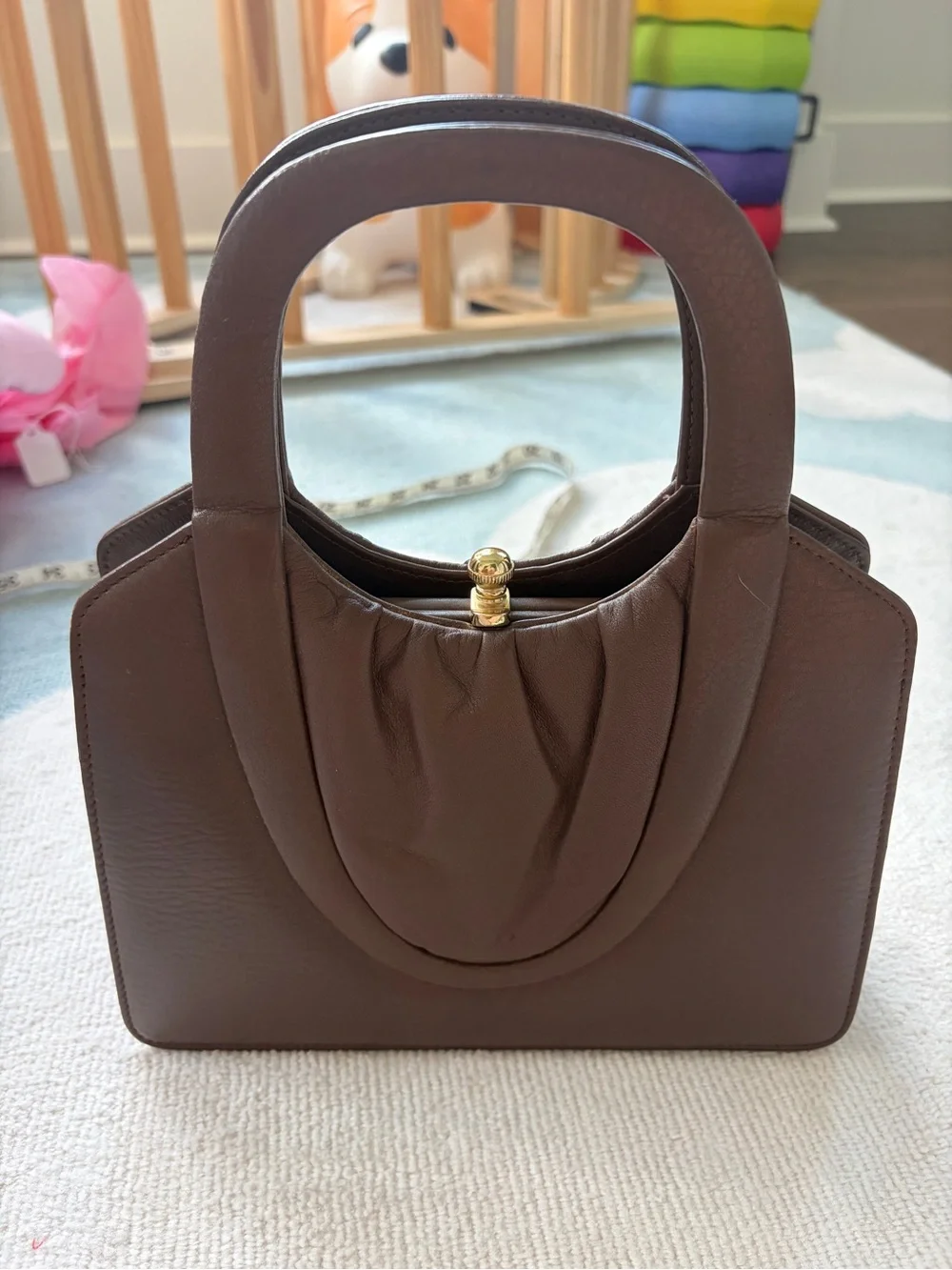 Vintage Mysung Genuine Leather Handbag Korea 1960s Brown Kiss Lock w/ Purse